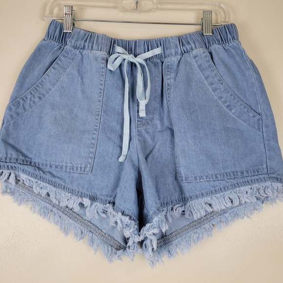 Pants - Womens Light Wash Denim Shorts Frayed Raw Hem Elastic Waist Drawstring Size M
